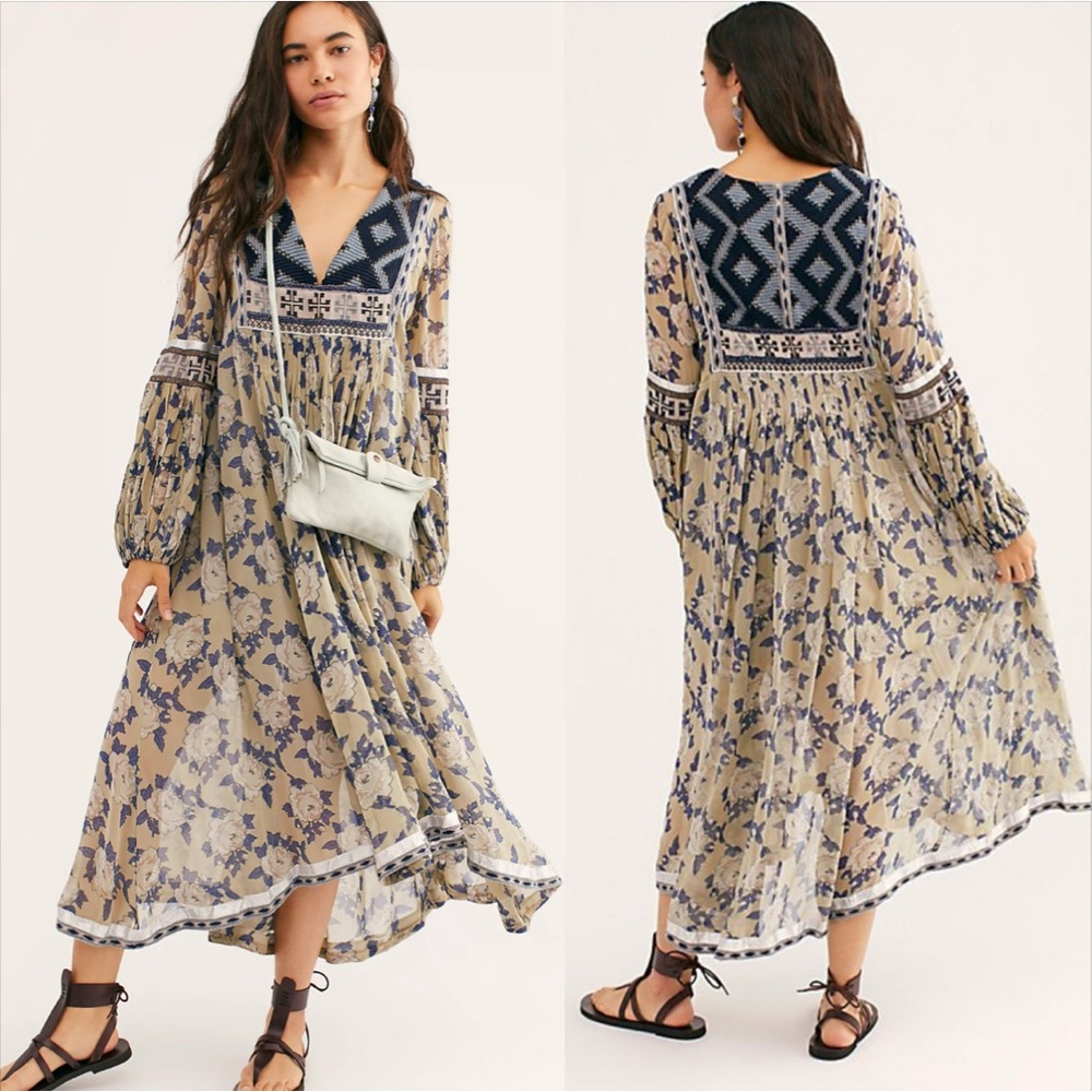 Free People Bold Blooms Embroidered Floral Maxi Dress Bohemian Sheer Womens XS/S